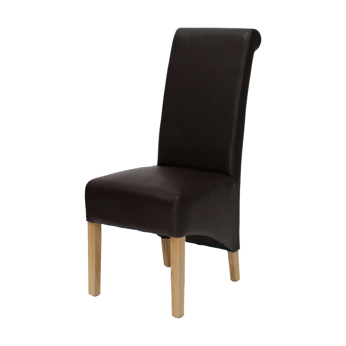 Brown leather dining chair with high back and light oak wooden legs, side angle view