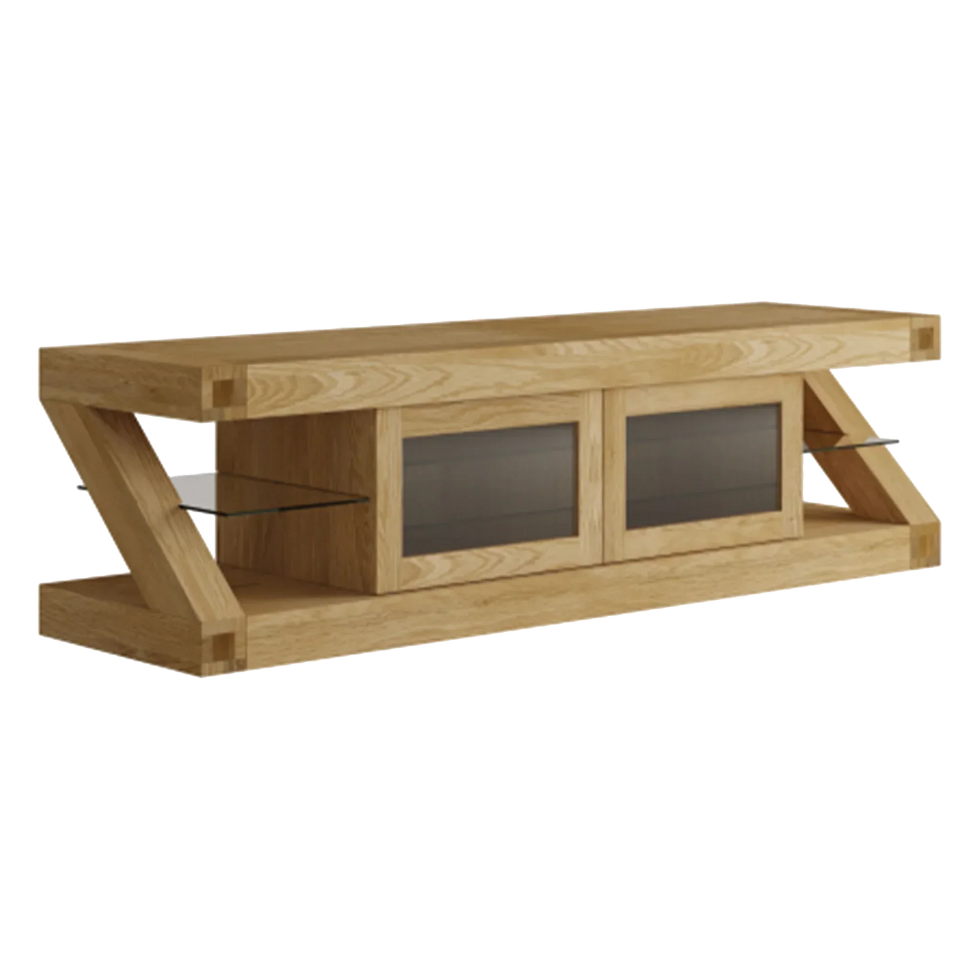 Oak TV unit with glass shelves and two sliding doors, modern wooden media console
