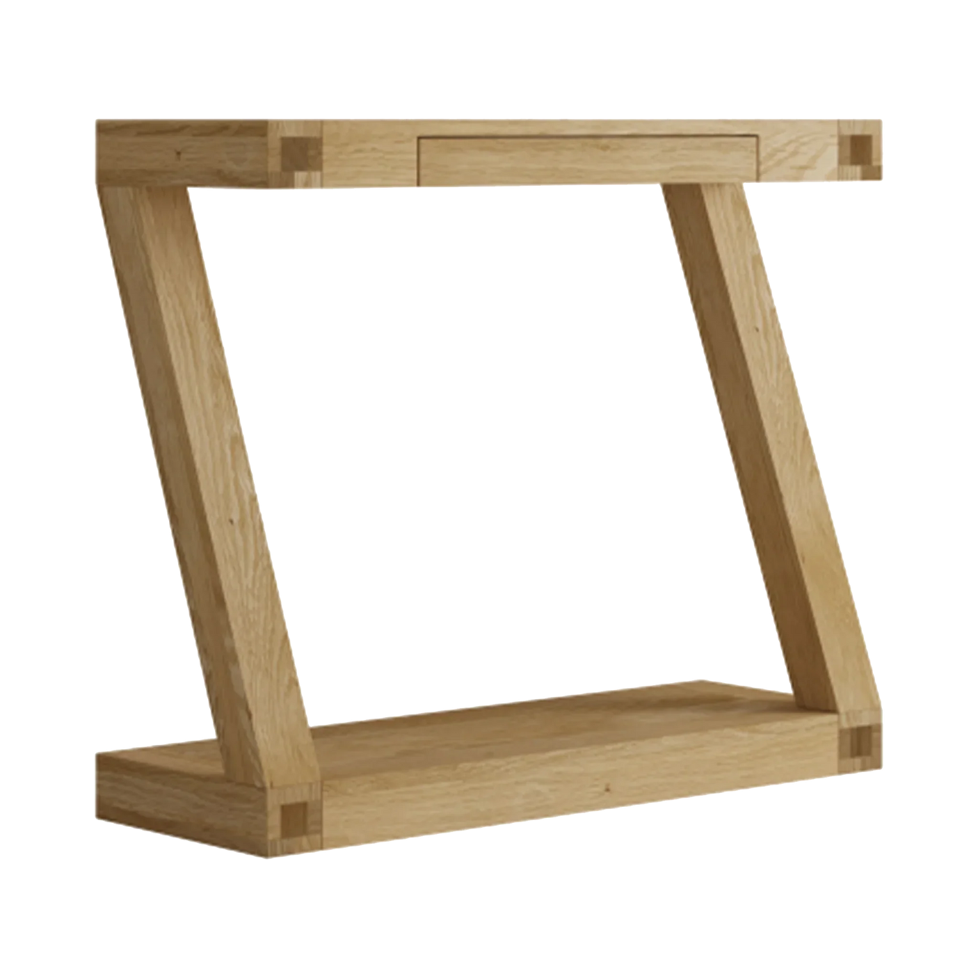 Oak console table with angled legs and solid wood lower shelf