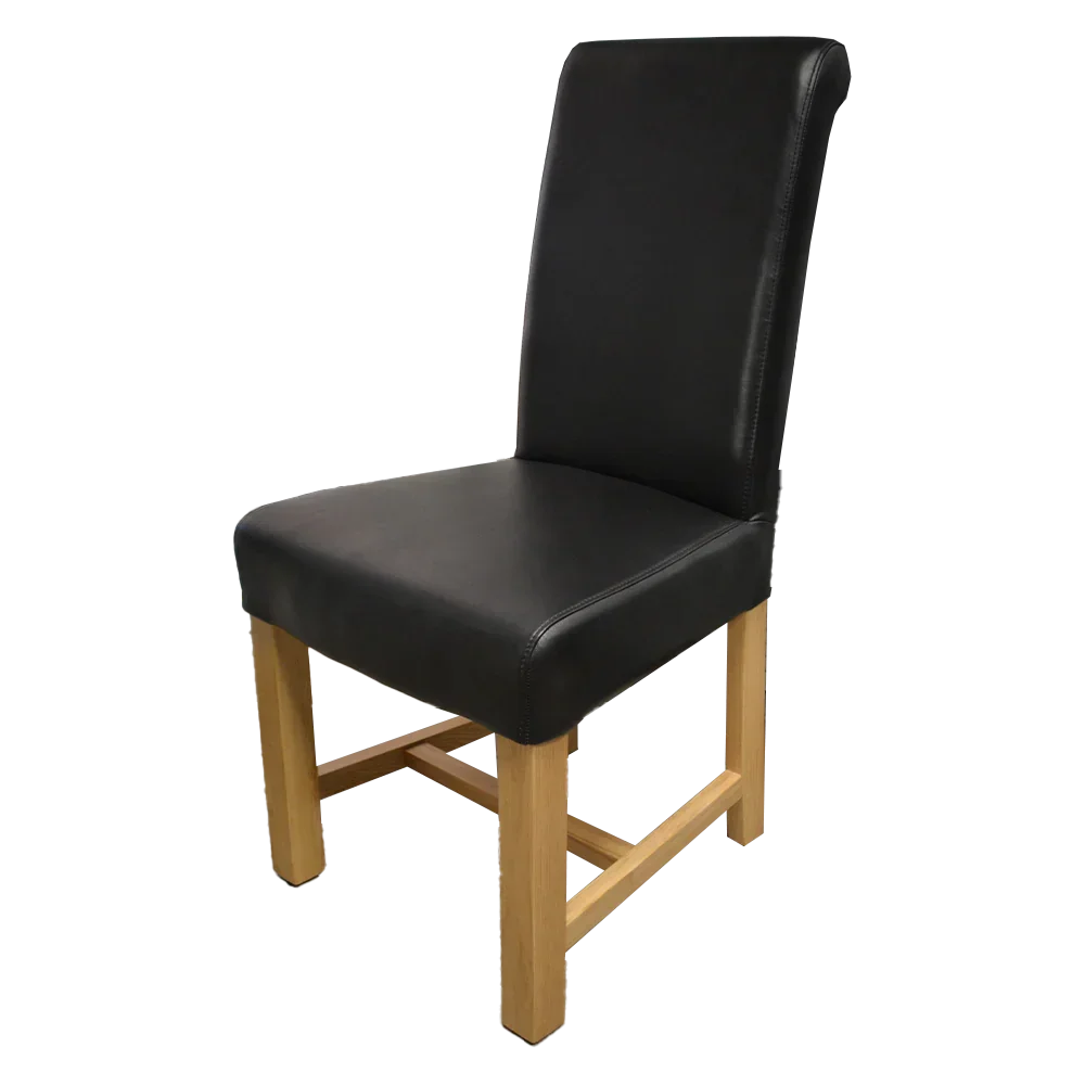 Black leather dining chair with wooden legs and high backrest, angled side view