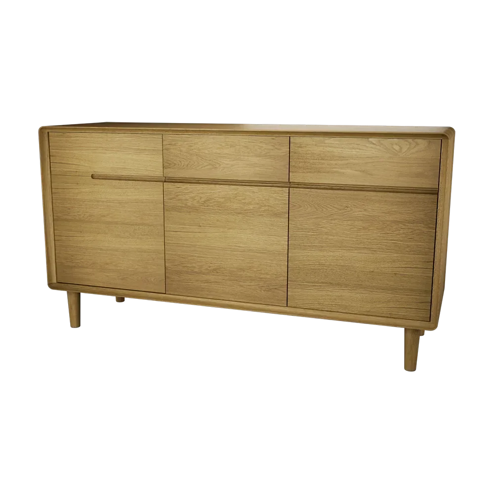 Oak sideboard with three drawers and two doors, natural wood finish, modern design