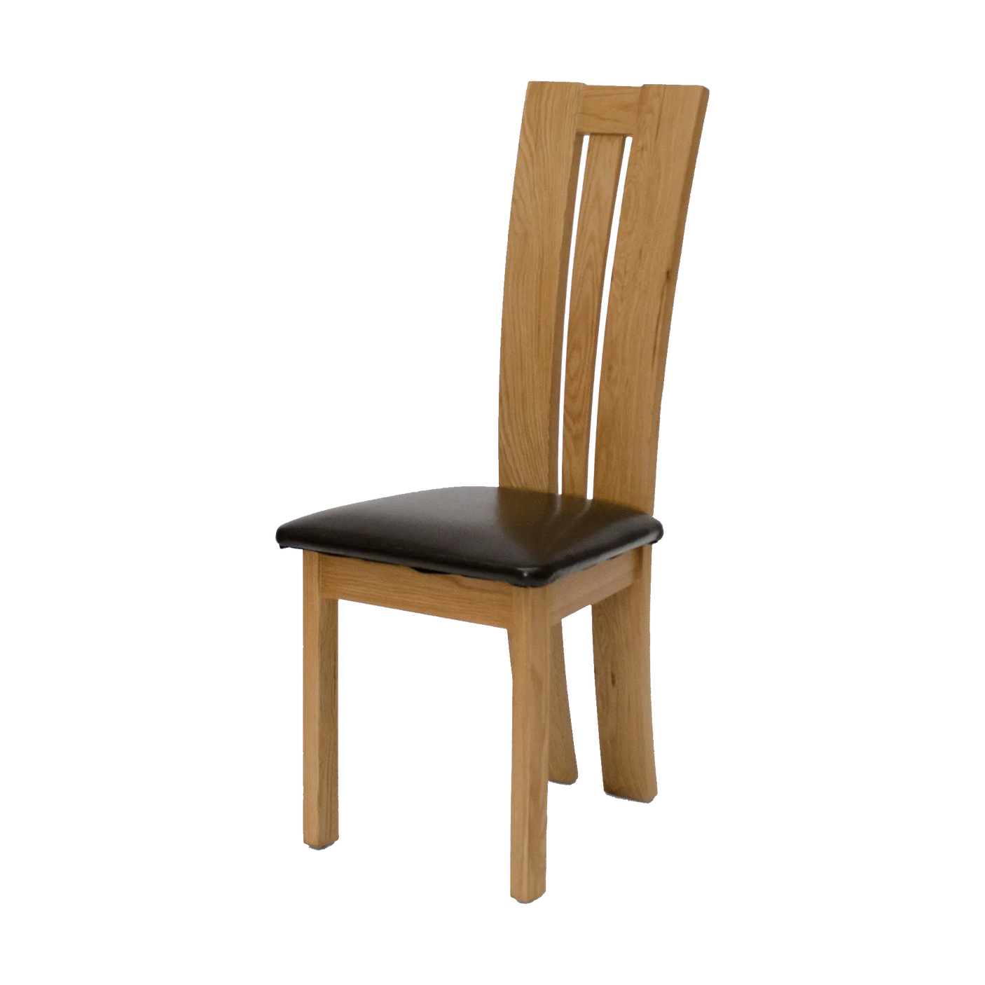 oak dining chair with brown padded seat and slatted backrest