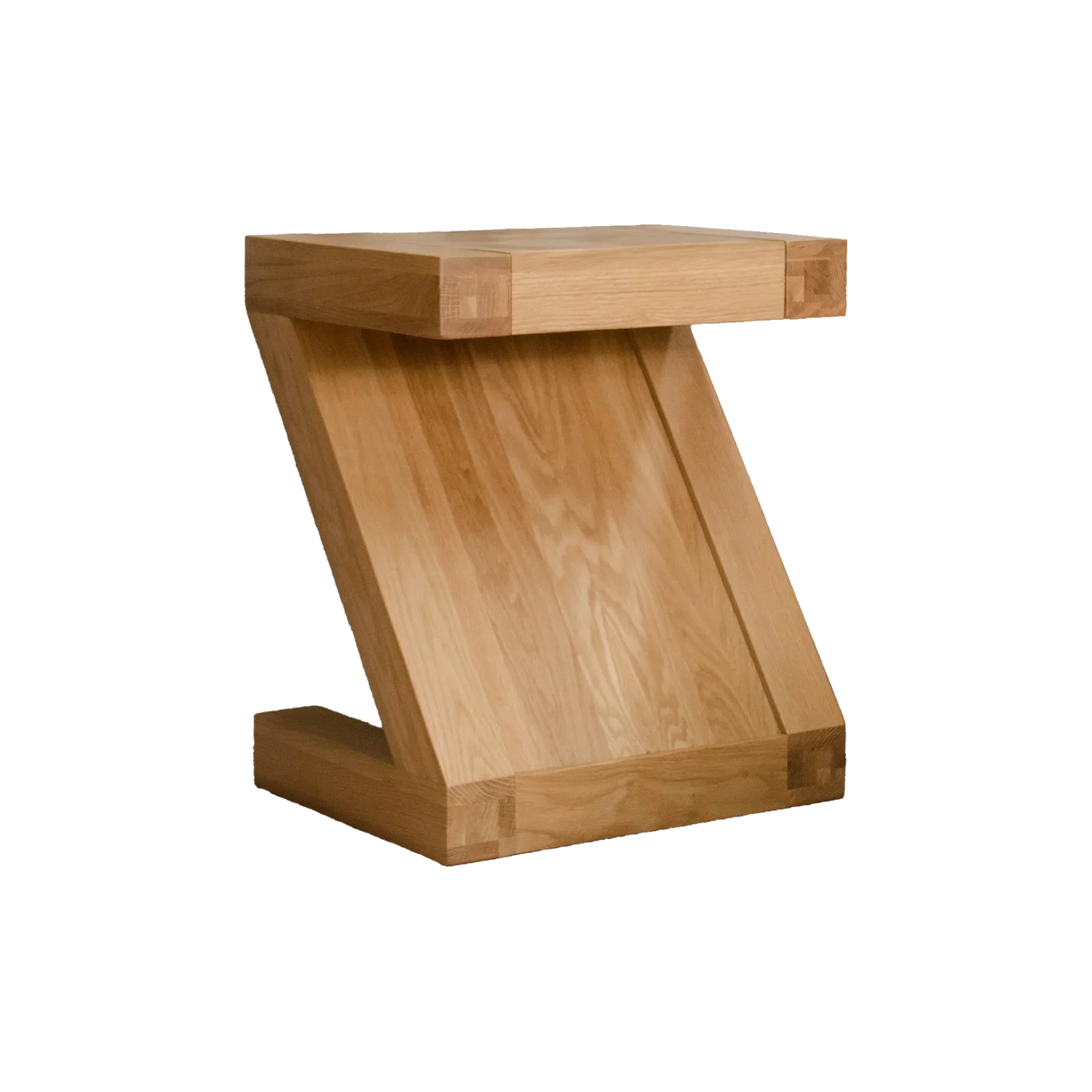 Solid oak side table with angled base and smooth wood grain finish, front angle view