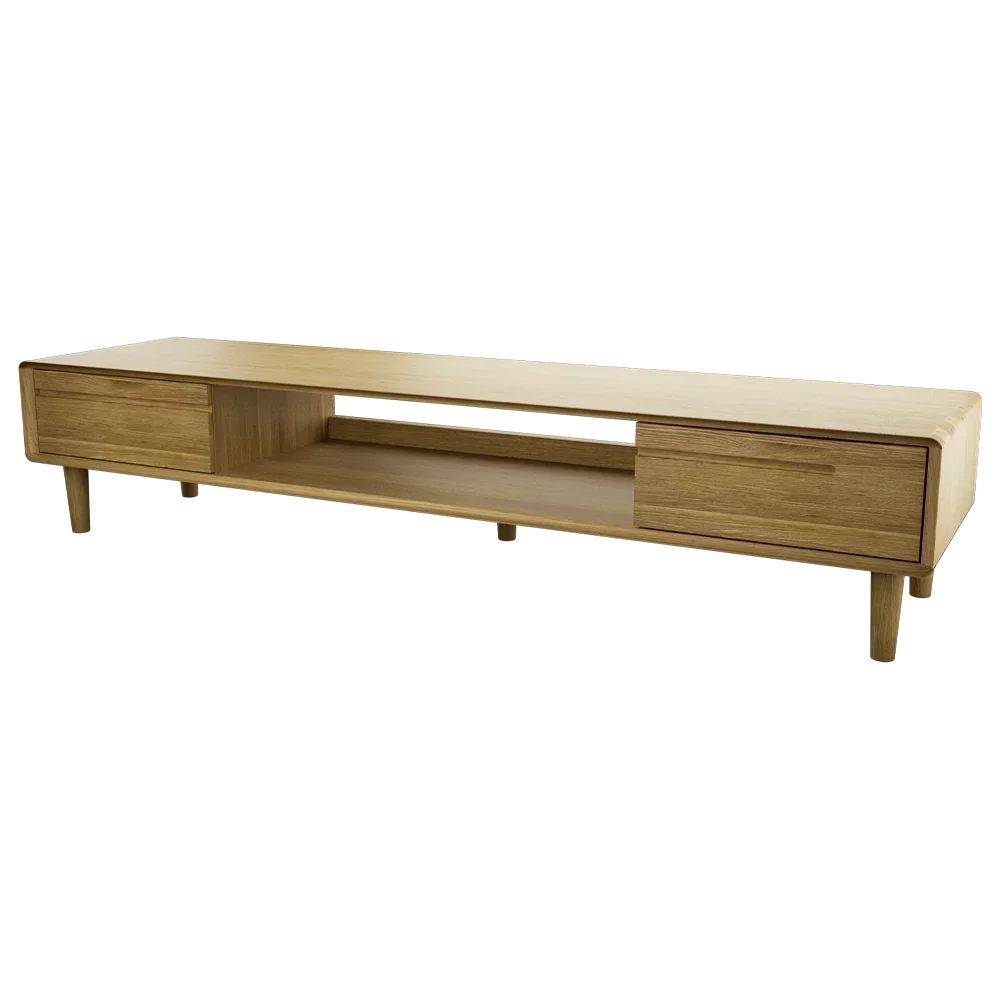 Oak wood TV stand with drawers, open shelf and four legs, modern living room furniture