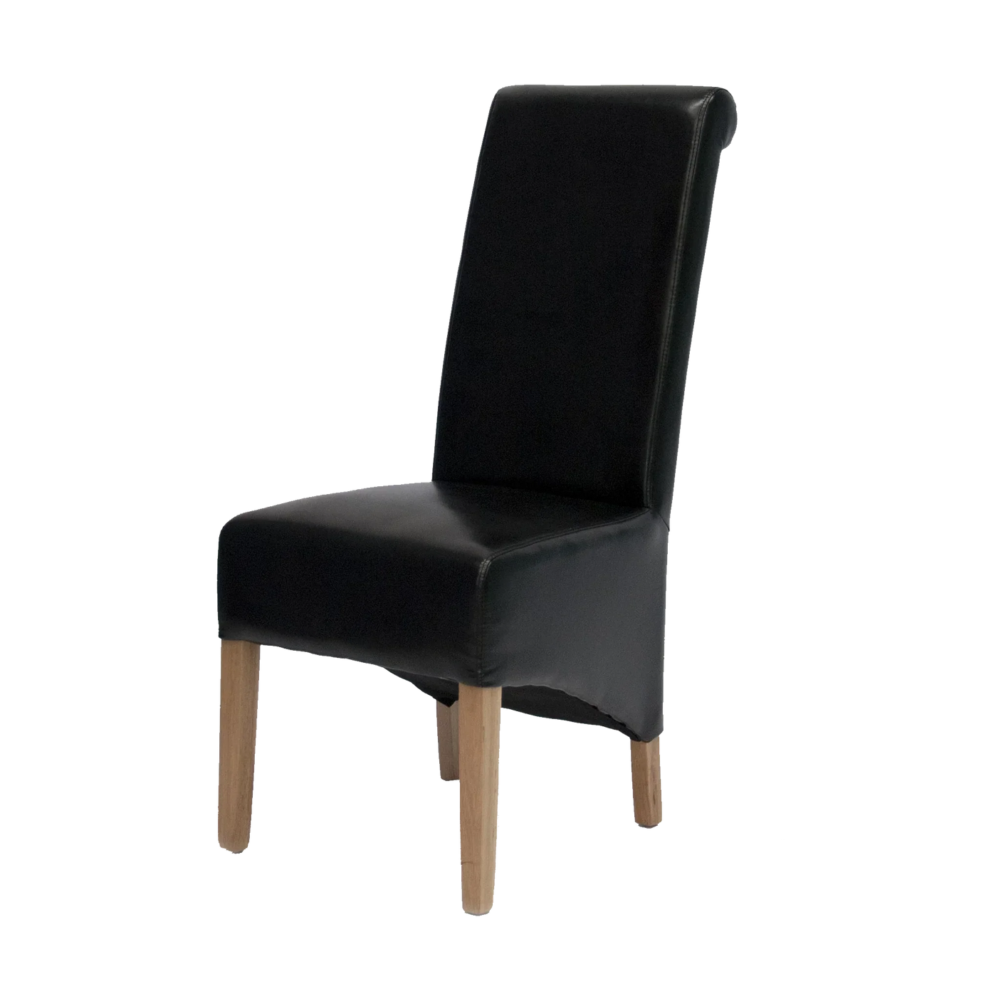 Black leather dining chair with light wood legs side angle