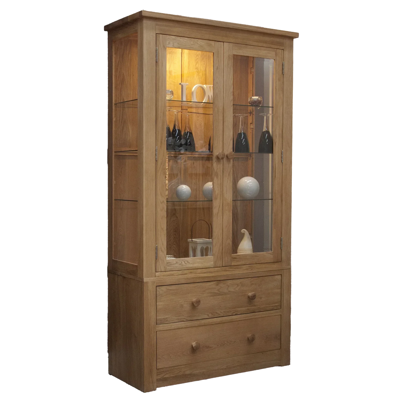 Wooden display cabinet with glass doors, shelves and two lower drawers