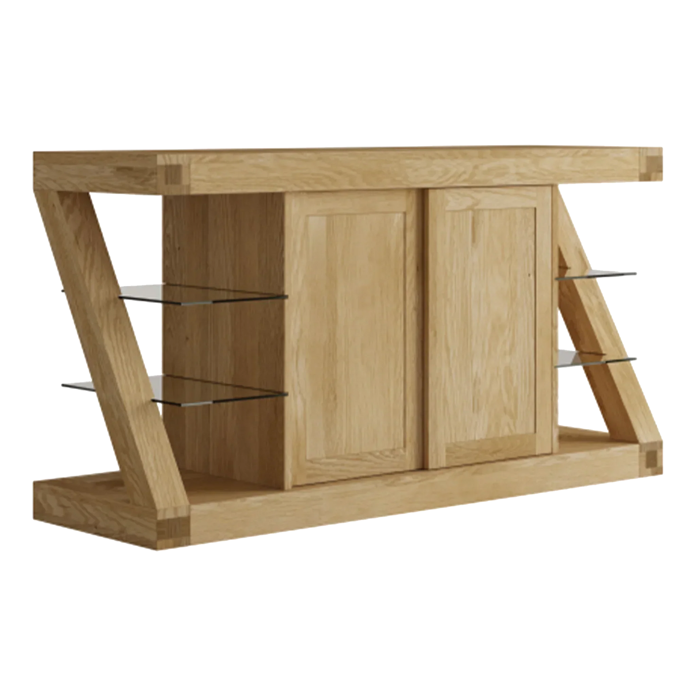 Oak sideboard cabinet with glass display shelves and slanted wooden frame