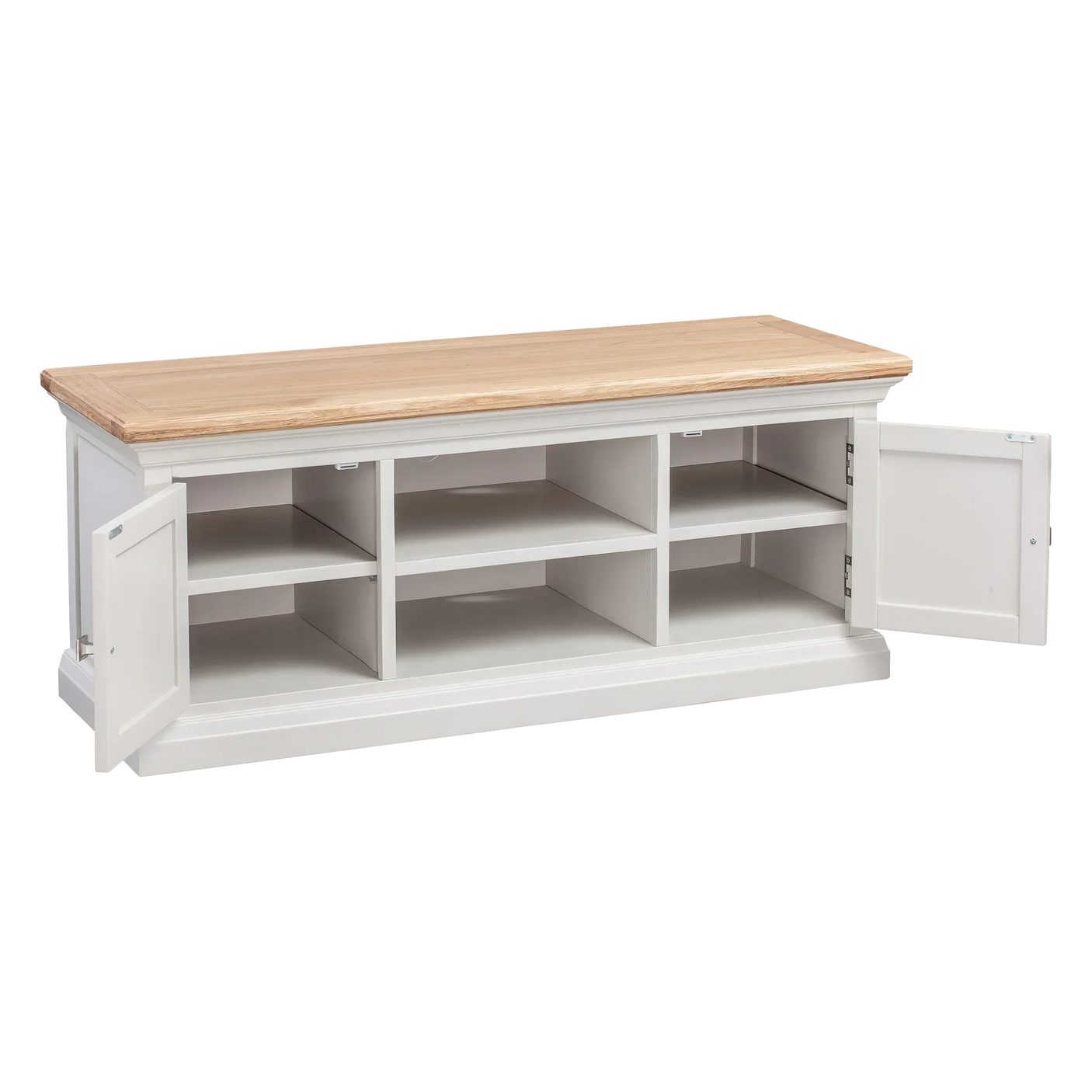 White wooden storage bench with oak top, open doors, and six internal compartments