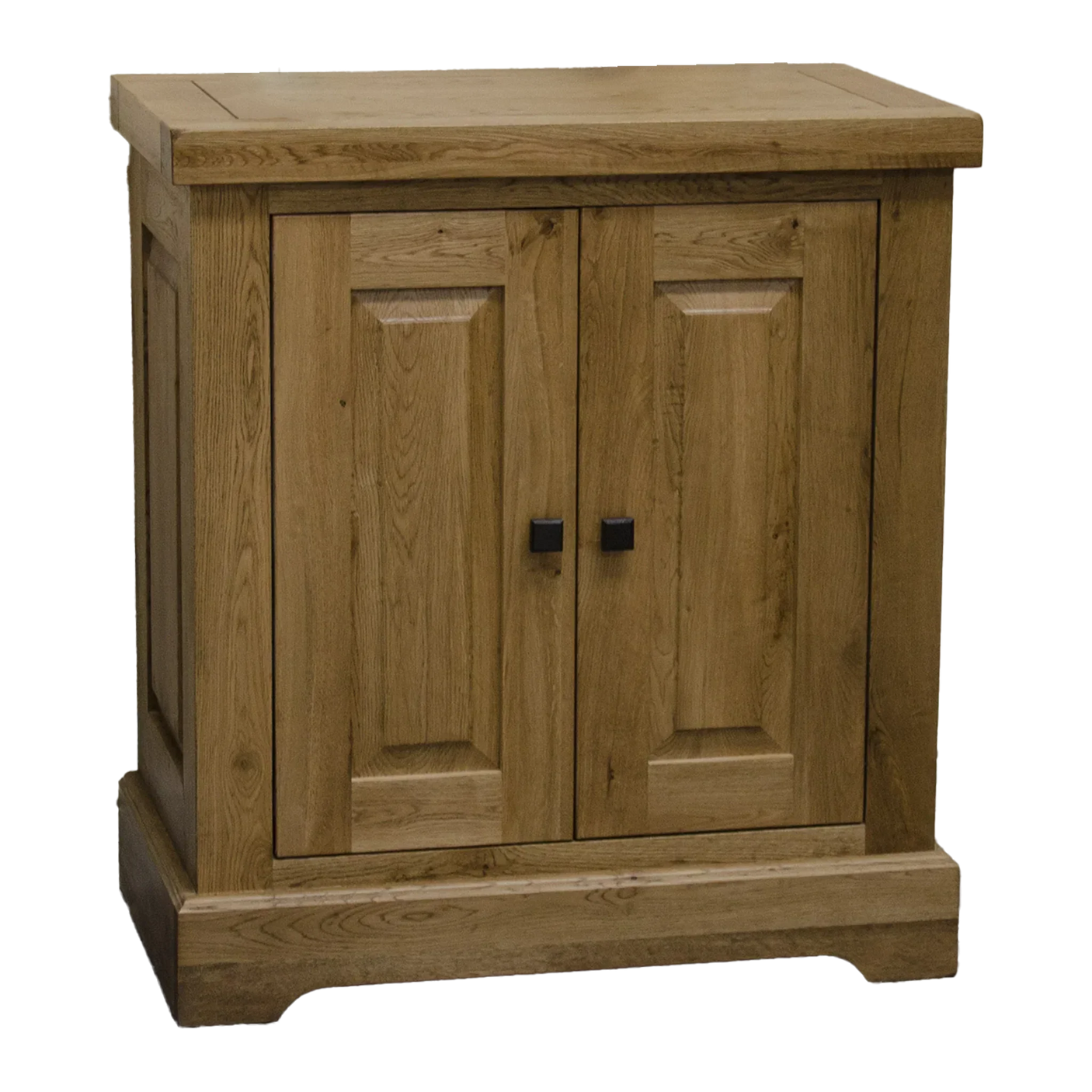 Natural oak cabinet with two paneled doors and black square handles, front view