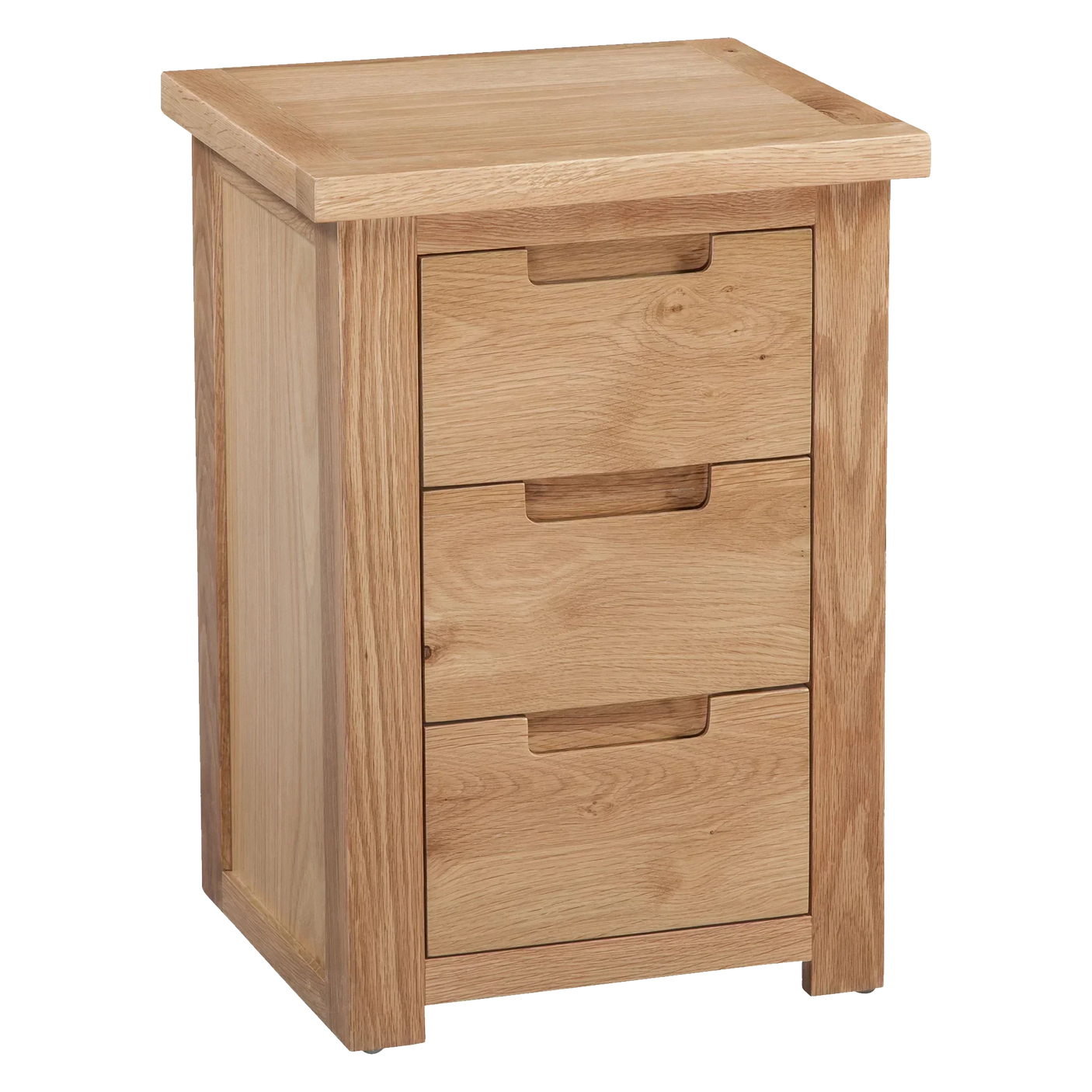 Oak bedside table with three drawers and integrated handles