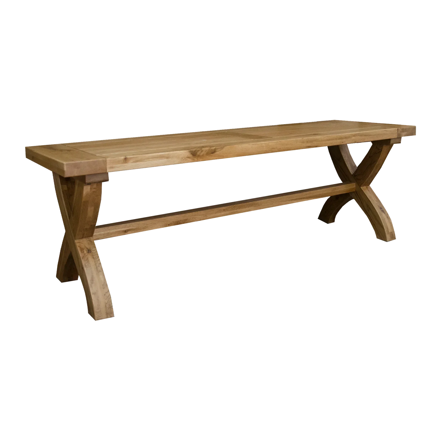 Solid wood dining bench with crossed legs in natural finish