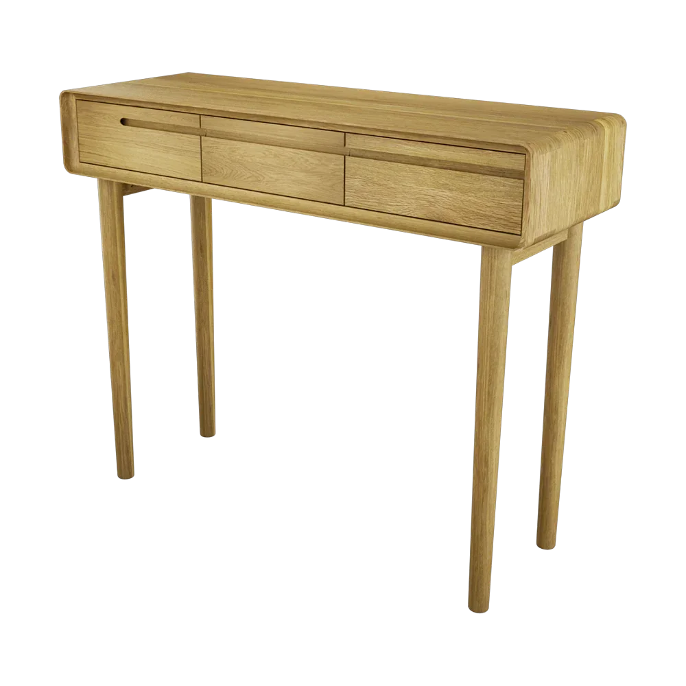 Oak console table with slim legs and three drawers, ideal for hallway or home office