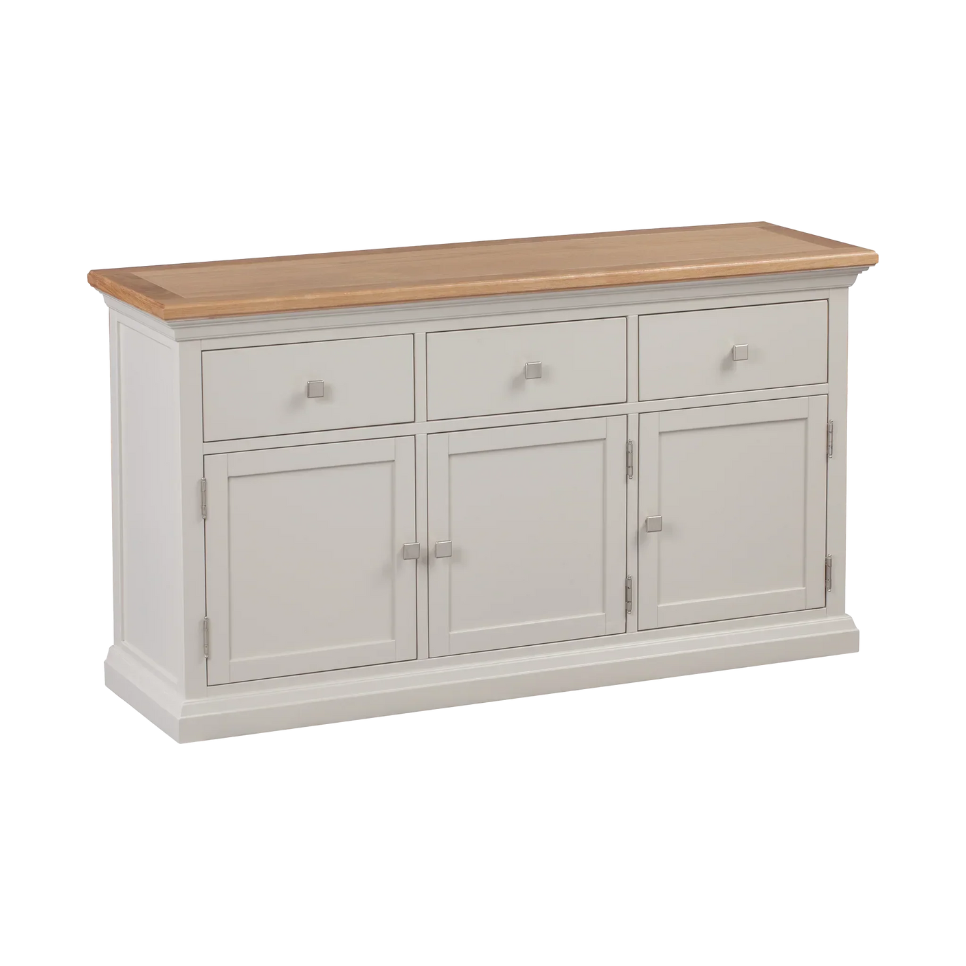 Three door sideboard with light wood top and white finish, featuring three drawers