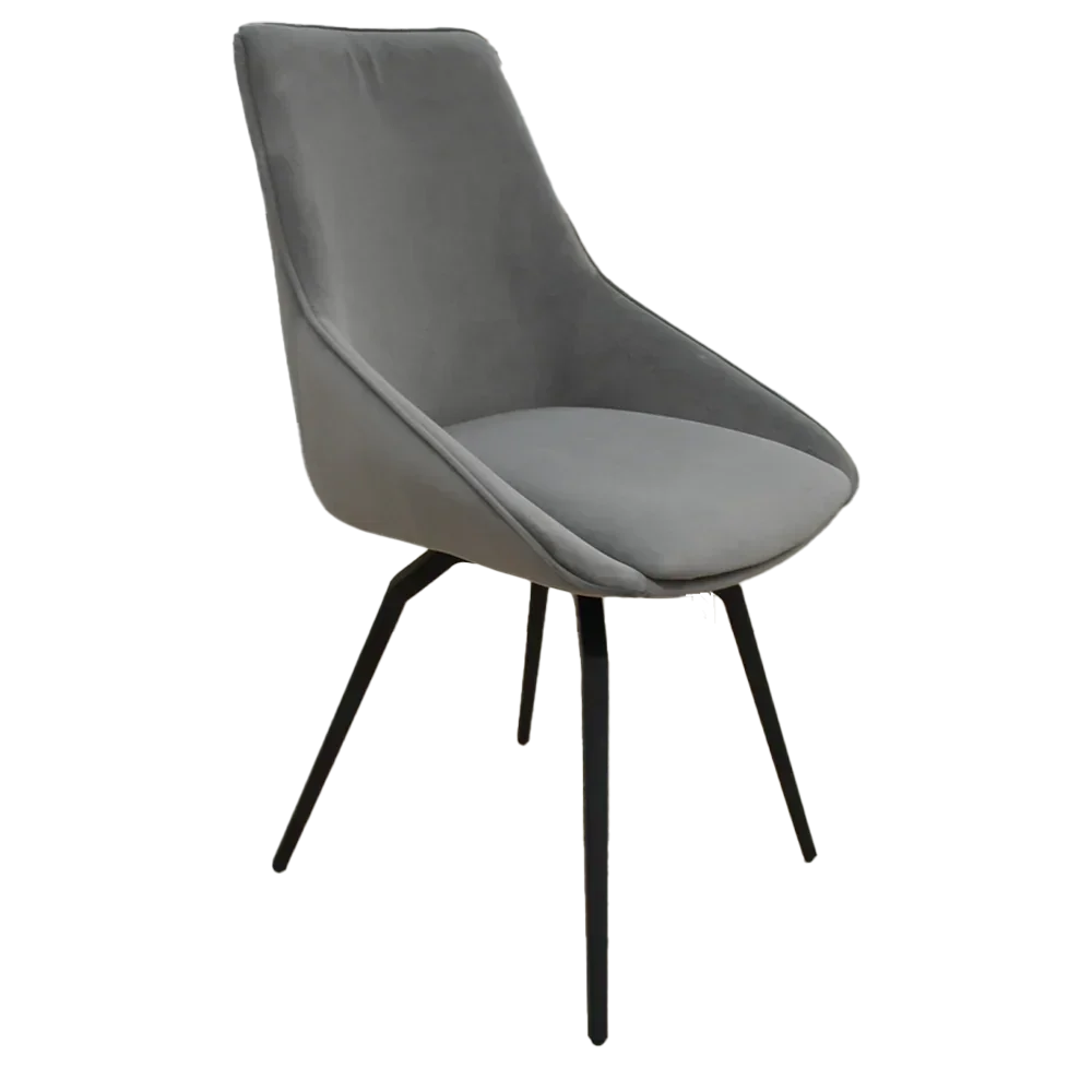 Grey velvet dining chair with black metal legs, angled side view
