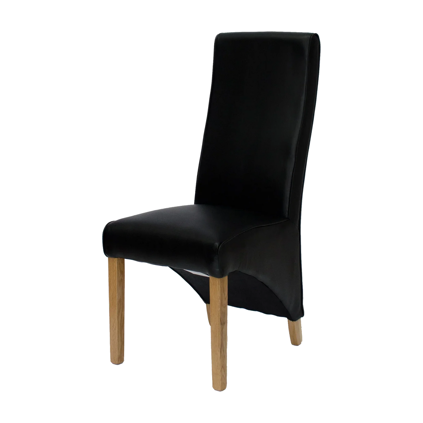 Black leather dining chair with high back and oak legs, side angle view