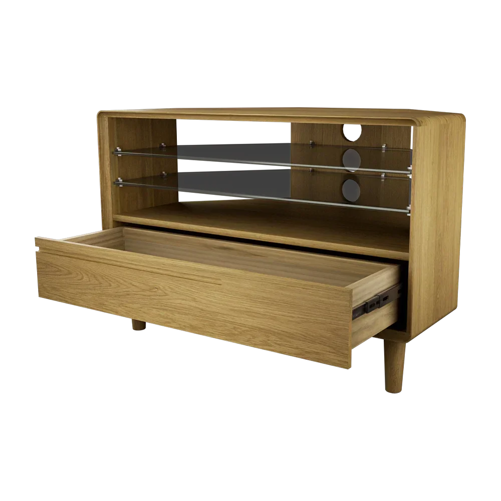 Oak TV unit with open glass shelves and large pull-out storage drawer
