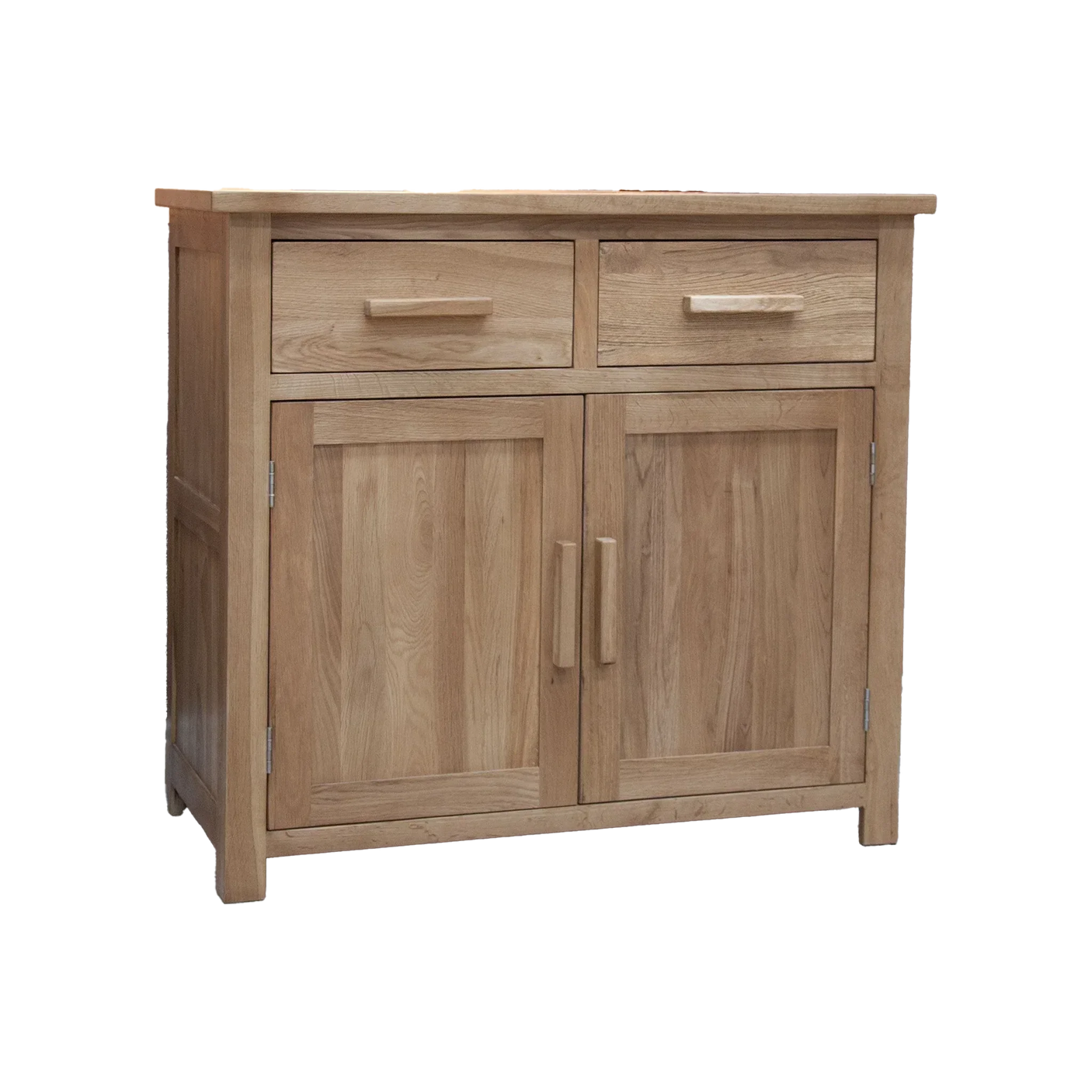 Oak sideboard with two drawers and double cabinet doors, natural wood finish, front view