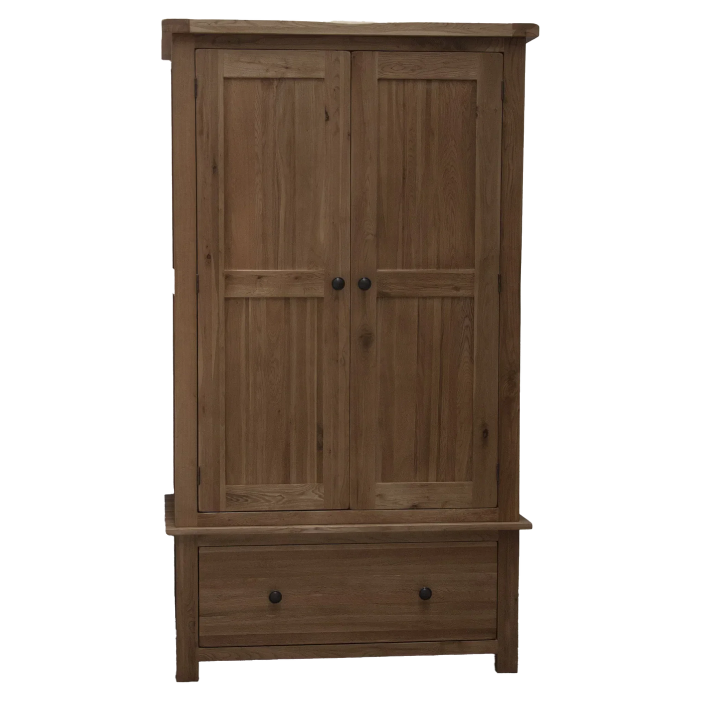 Oak wardrobe with two paneled doors and bottom storage drawer, front angle view