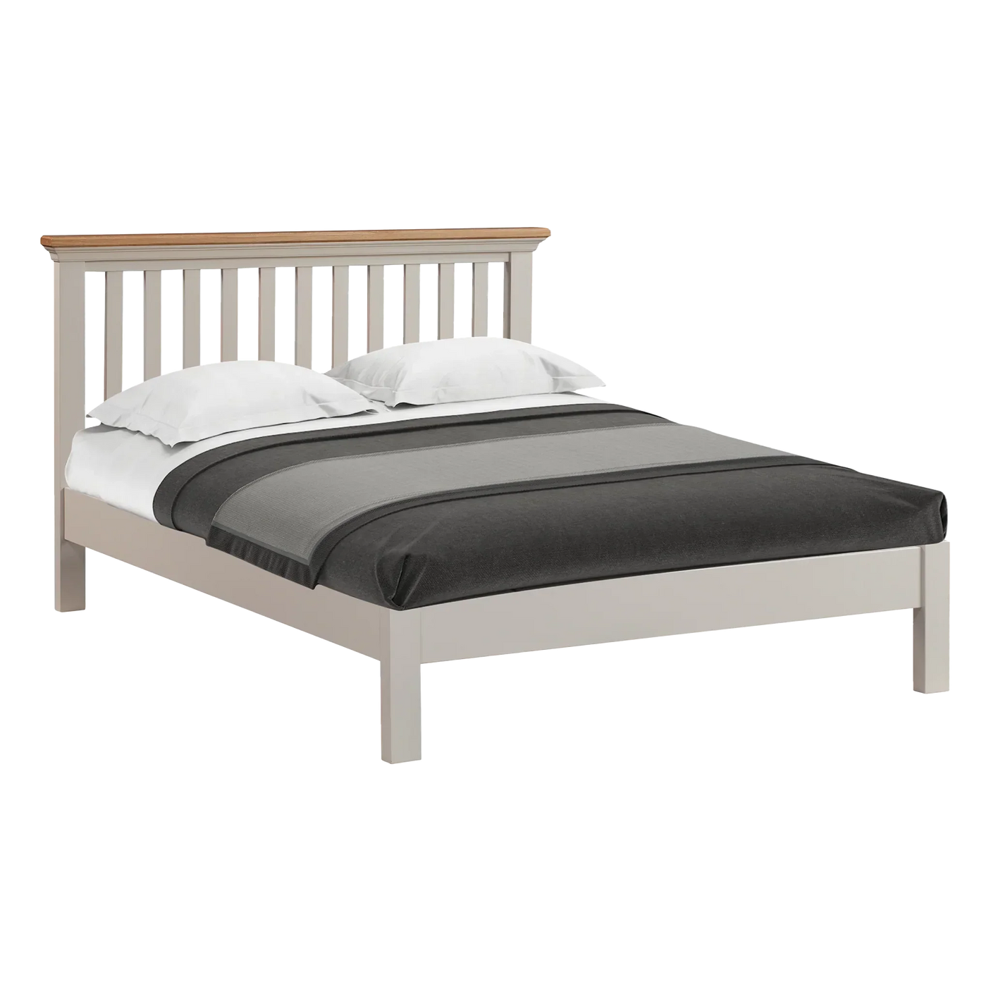 Grey wooden bed frame with slatted headboard and contrasting wood trim, made up with bedding