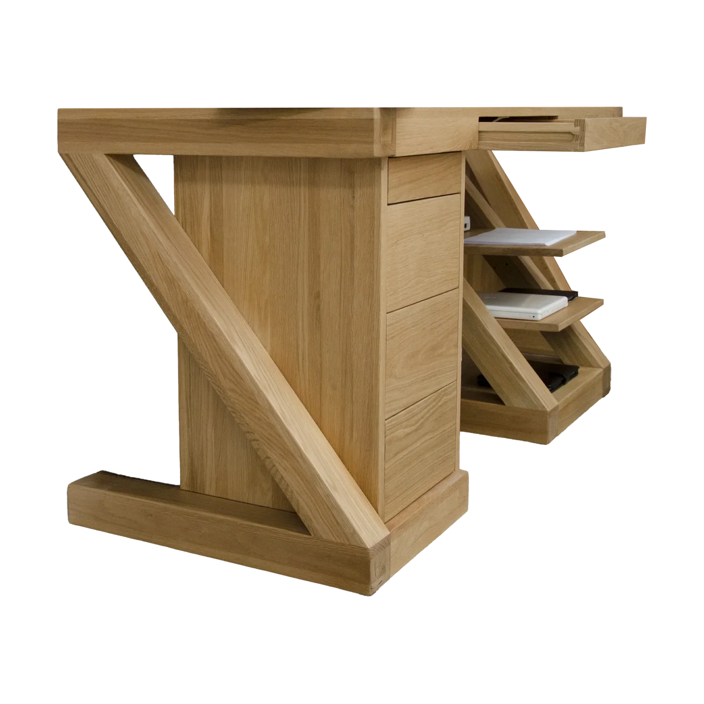 oak wooden desk with side storage drawers and shelves, modern cross-leg design