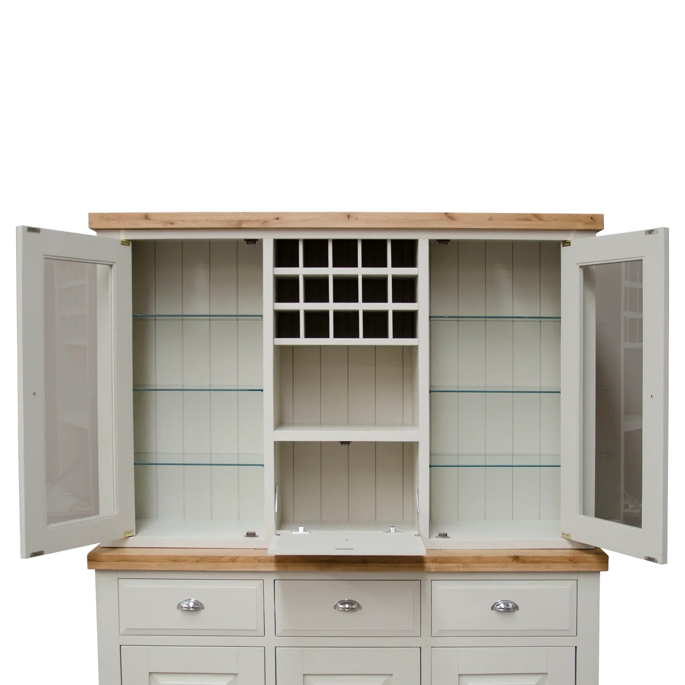 White kitchen dresser cabinet with glass shelves, wine rack, and wooden top, doors open