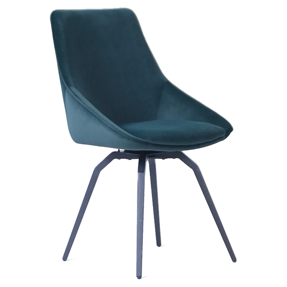 Teal velvet dining chair with angled black metal legs, side view