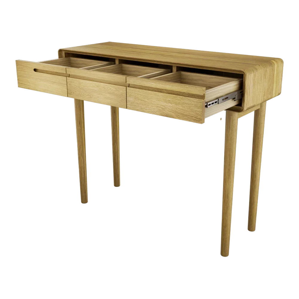 Oak console table with three open drawers and minimalist design