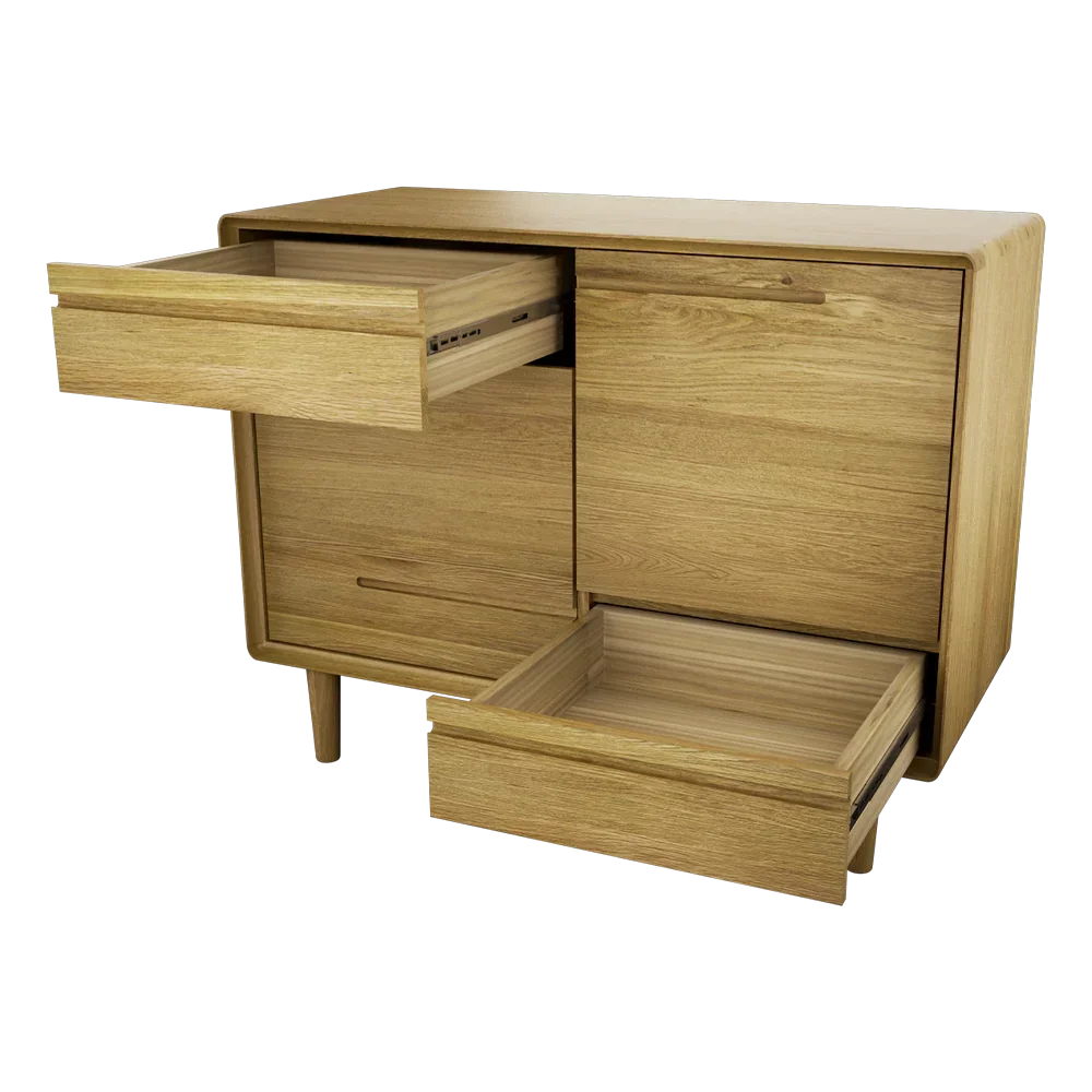 Oak sideboard with two open drawers and sliding cupboard door
