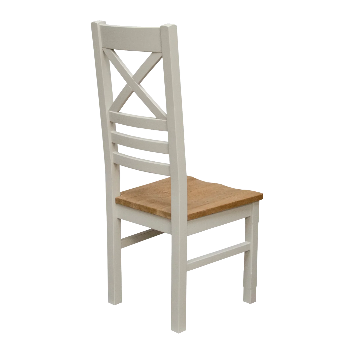 White wooden dining chair with natural oak seat and cross back design, rear angle view