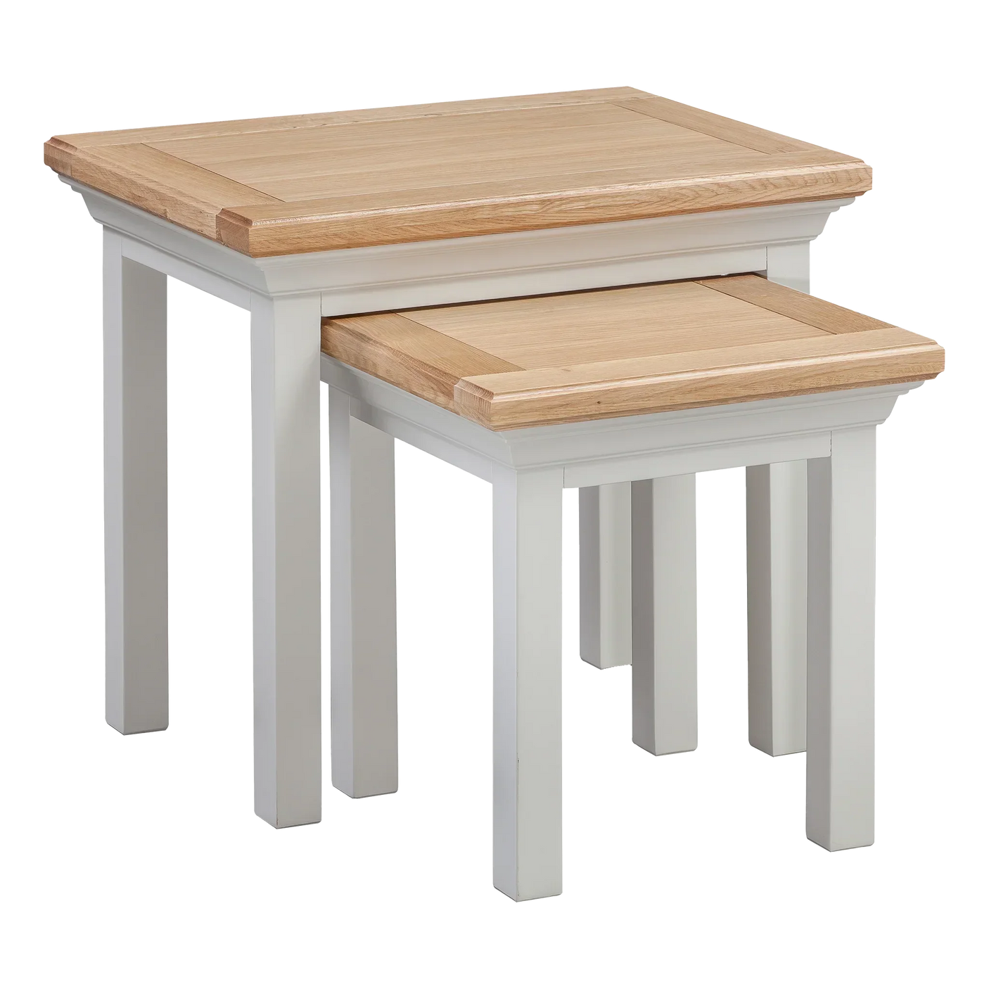 Oak and white painted nesting tables set with square tops and straight legs