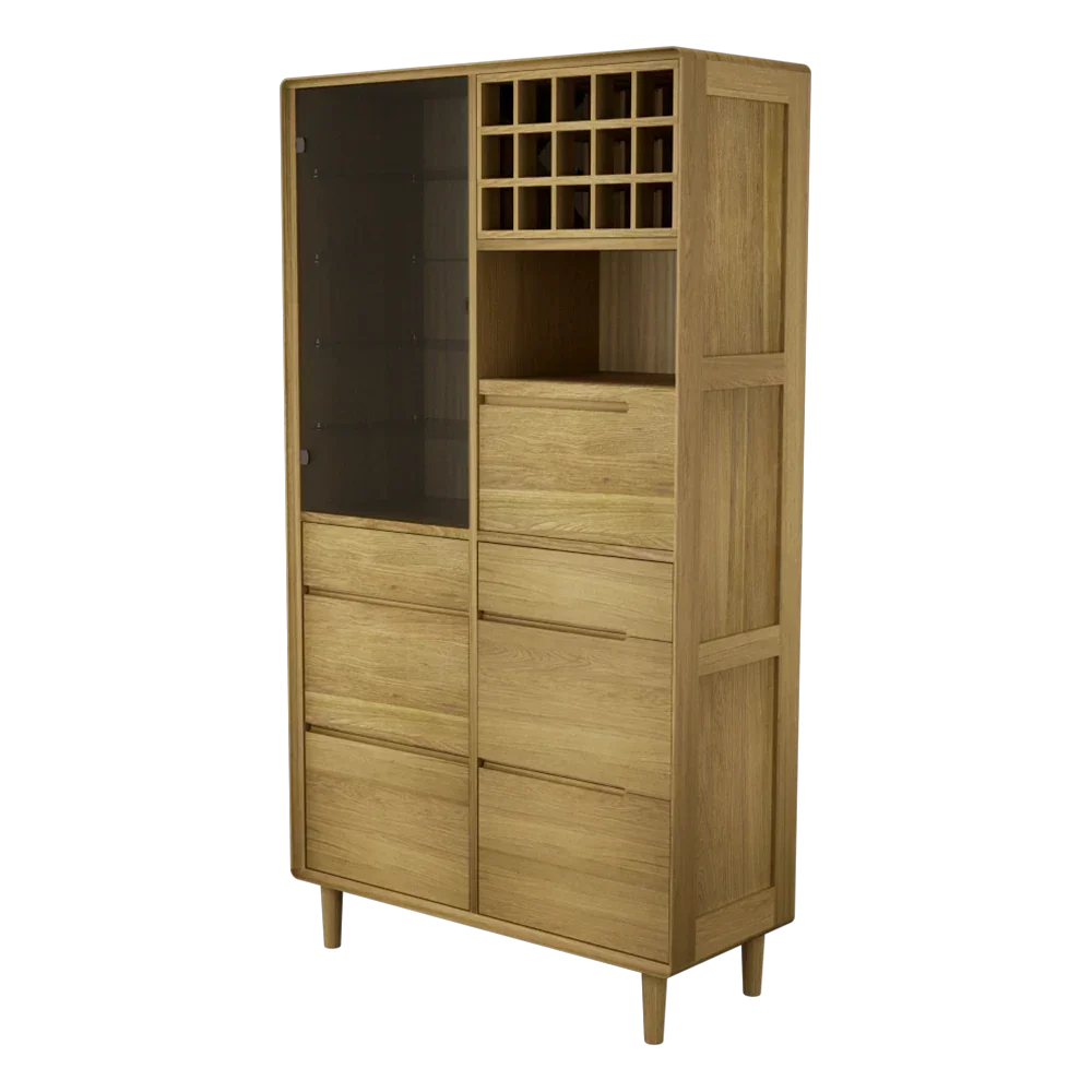 Oak display cabinet with glass door, open shelves and wine rack, modern storage unit