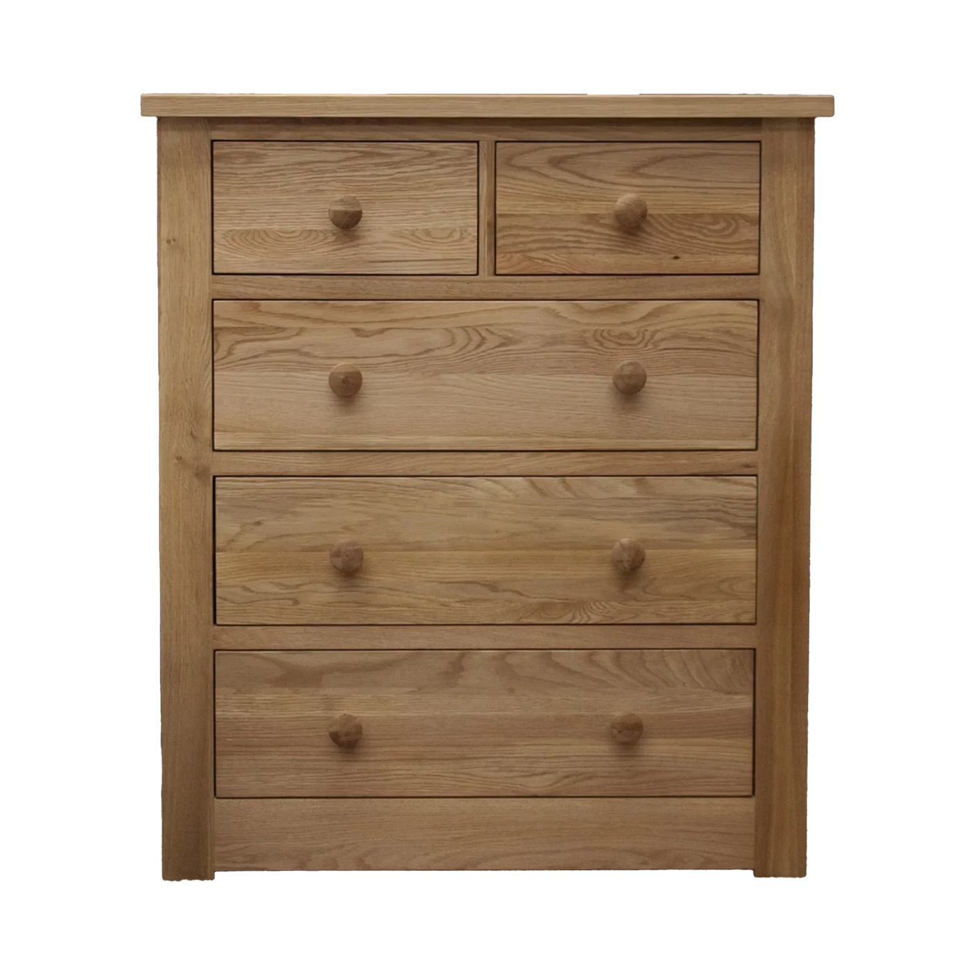 Oak chest of drawers with five wooden knobs and natural grain finish, front view
