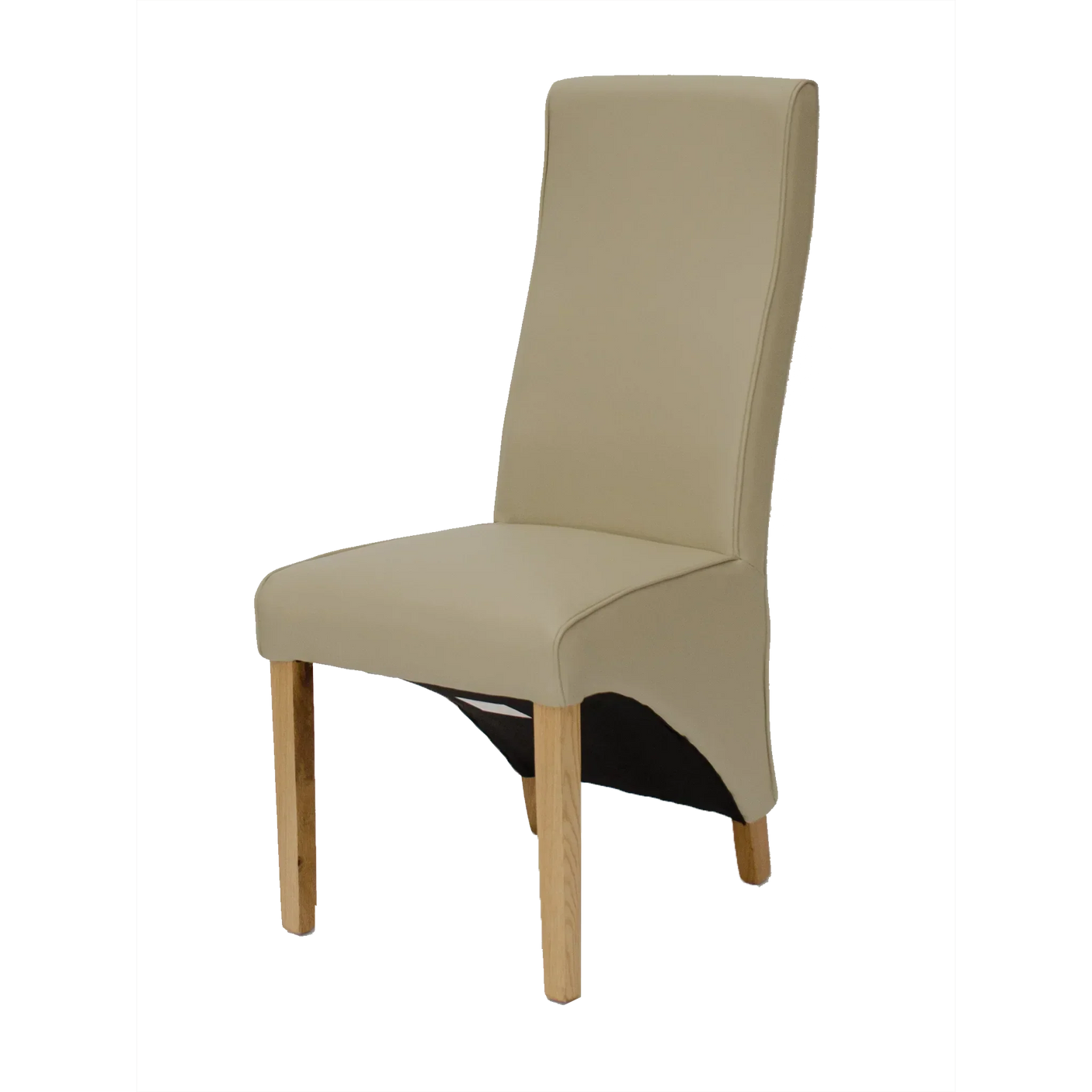 Beige leather dining chair with oak legs and high backrest, side angle view