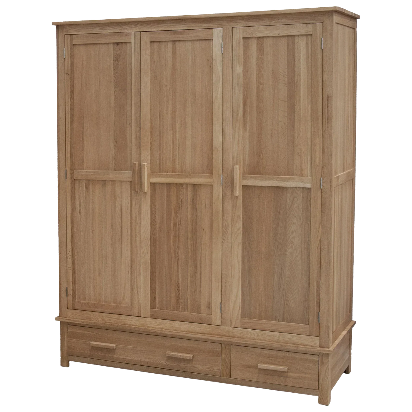 Oak wardrobe with three panel doors and two lower drawers, natural wood finish