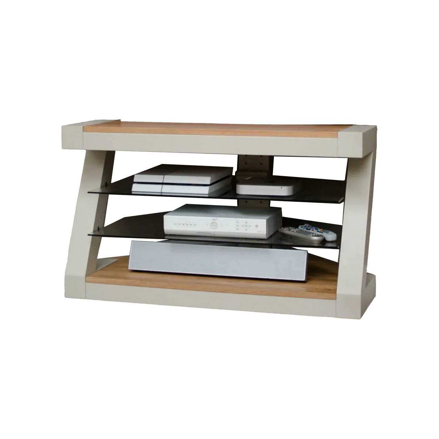Modern TV stand with glass shelves and oak top, holding media devices and remotes