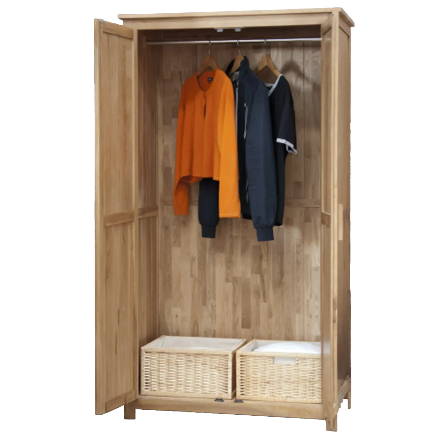 Wooden wardrobe with hanging rail, orange and black clothes, two wicker storage baskets