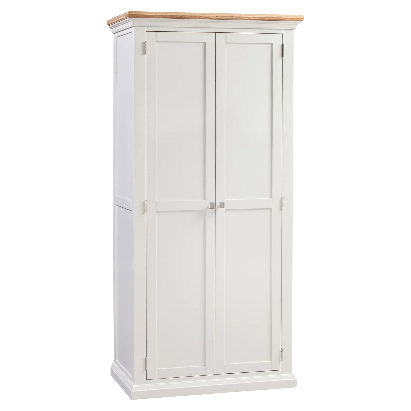 White wooden wardrobe with two paneled doors and oak top, front view
