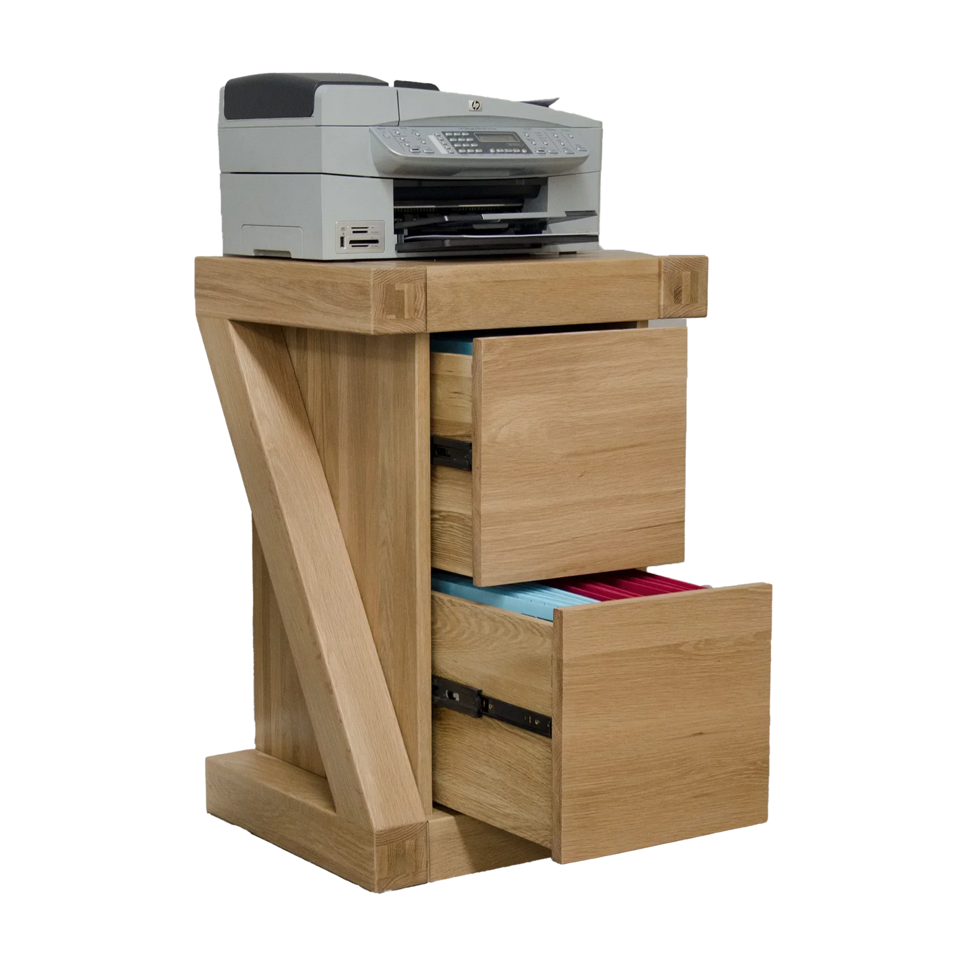 Oak filing cabinet with two open drawers and a printer on top