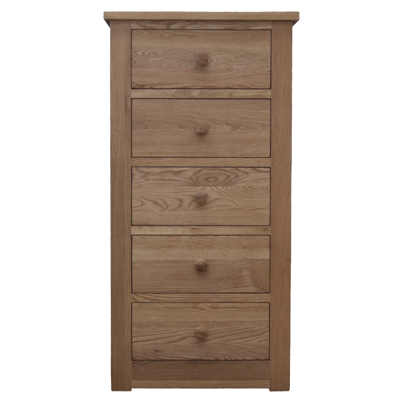 Tall oak chest of drawers with five spacious storage drawers and round wooden handles