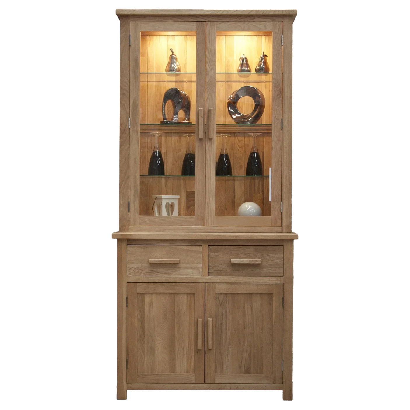 Oak display cabinet with glass doors, shelves and lower storage, decor items visible inside