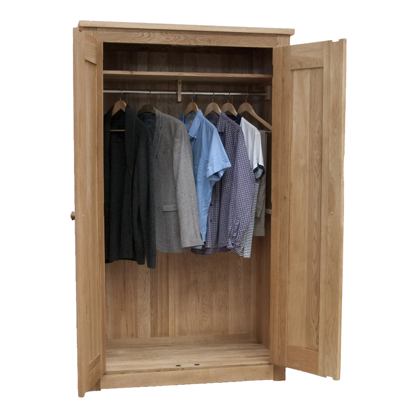 Oak wardrobe with hanging rail and assorted clothes on wooden hangers, doors open
