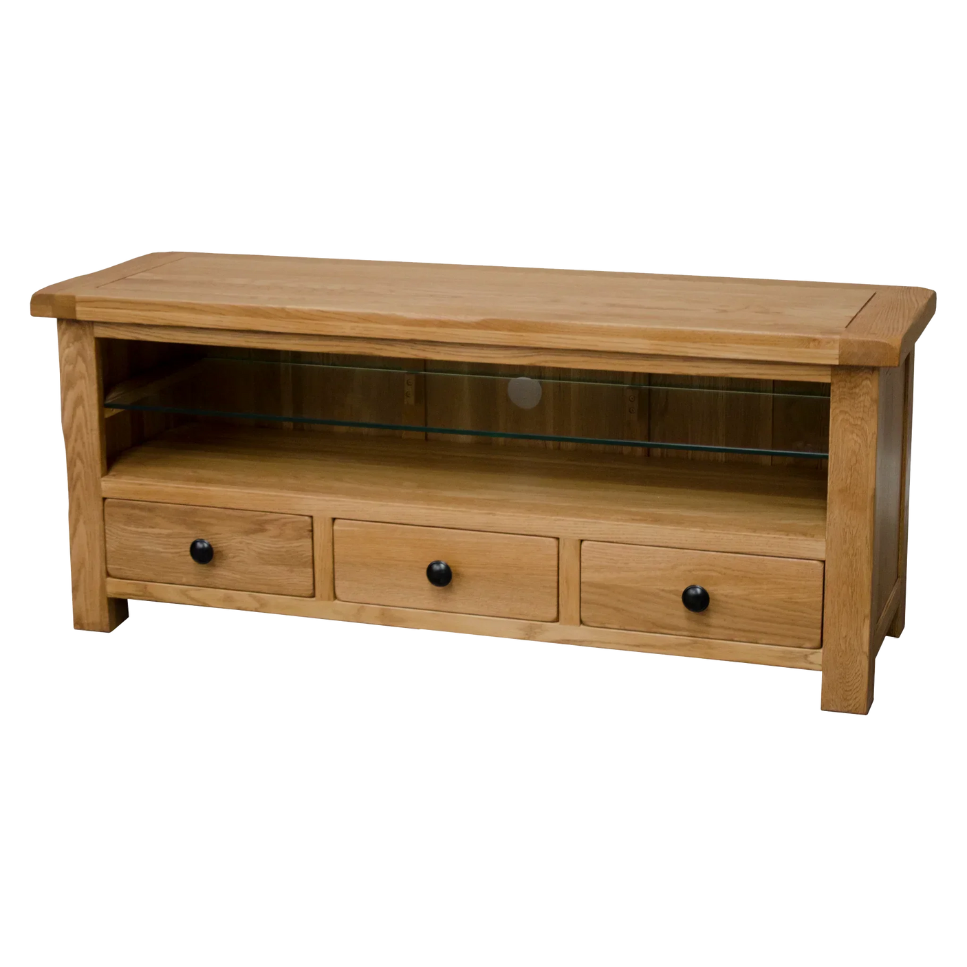 Oak TV unit with three drawers and glass shelf, front view