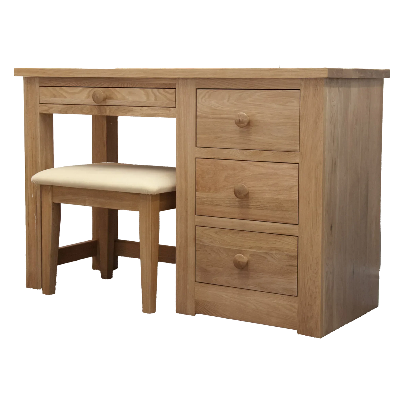 Oak dressing table with three drawers and cushioned stool