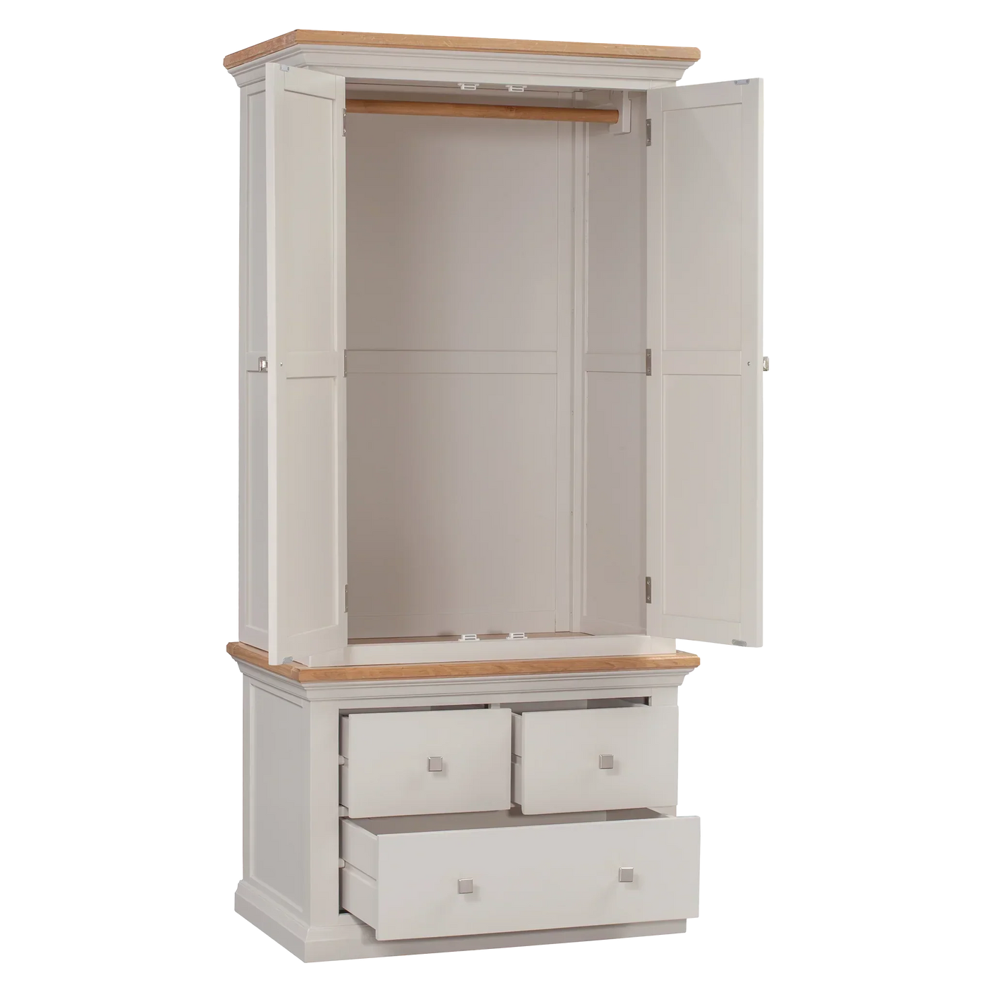 Grey wooden wardrobe with hanging rail, two large doors, and two drawers open at bottom