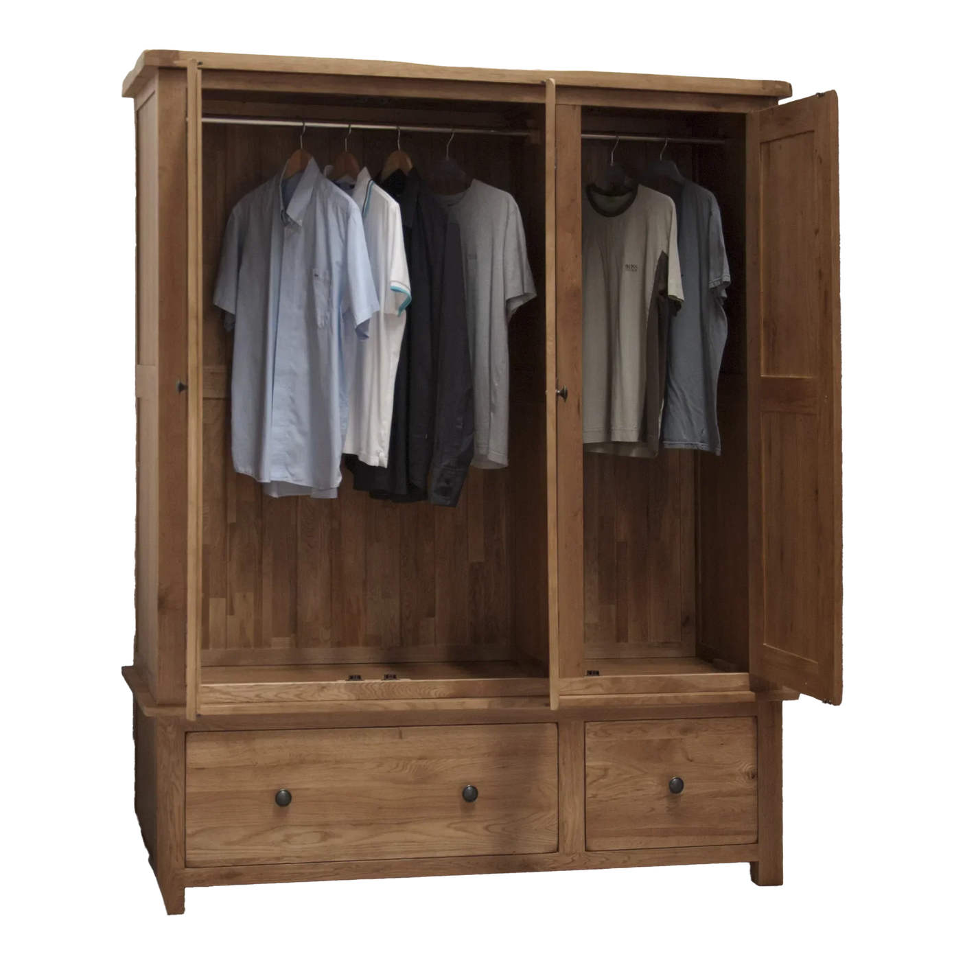 Solid wood wardrobe with open doors, hanging shirts and two lower storage drawers