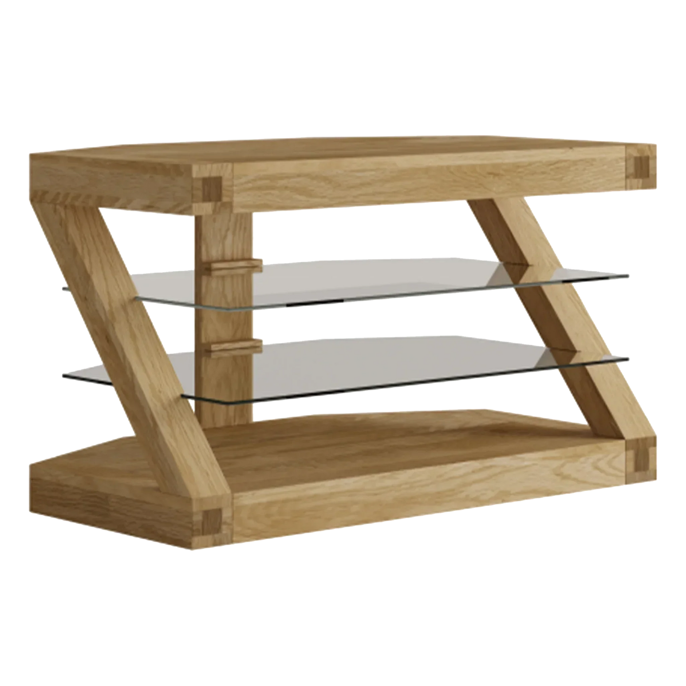 Oak TV stand with angled supports and two glass shelves, modern wood furniture design