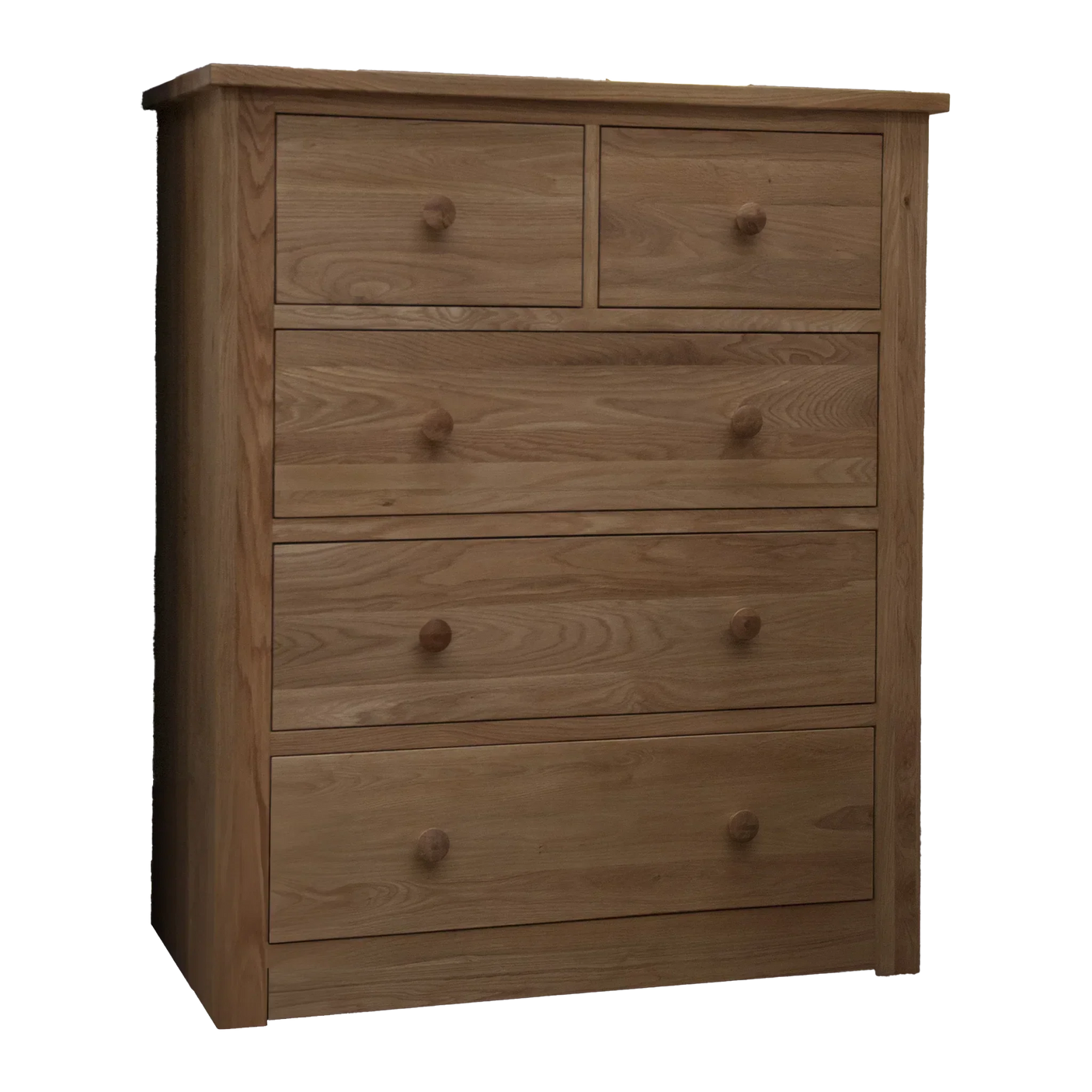 Oak chest of drawers with five drawers and round wooden knobs, front angle view