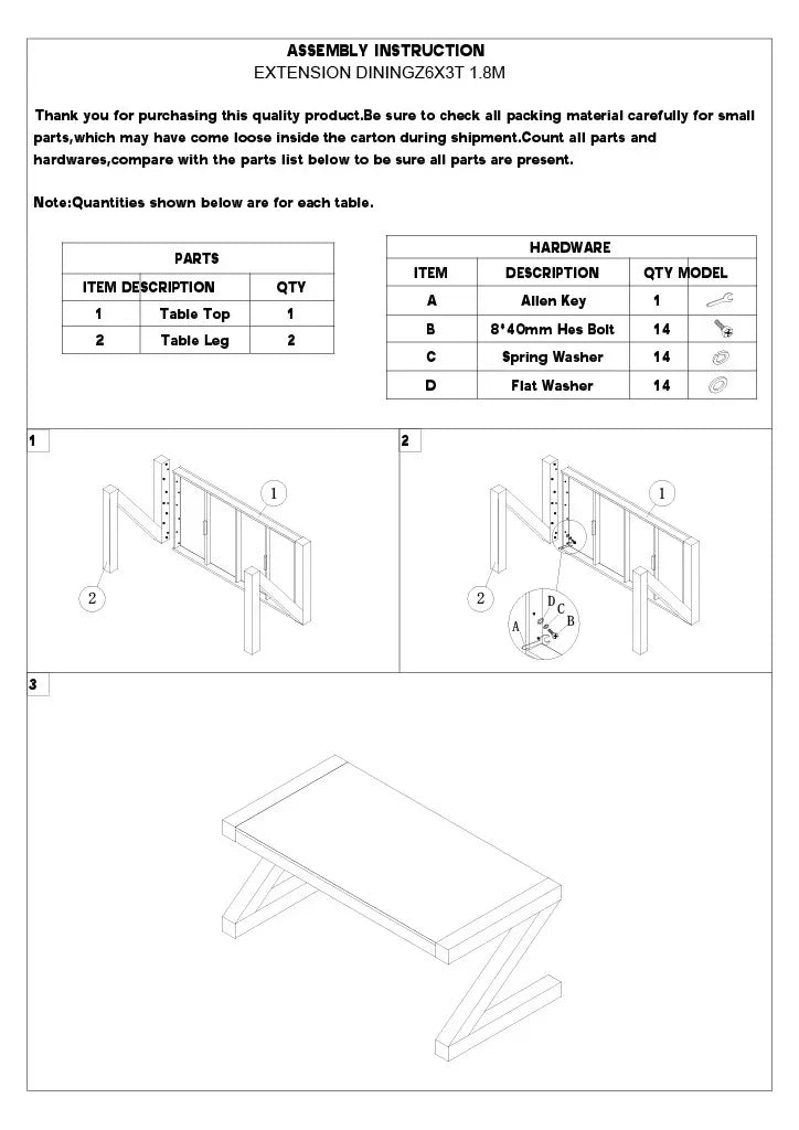 Extension dining table assembly instructions with parts list and step-by-step diagrams