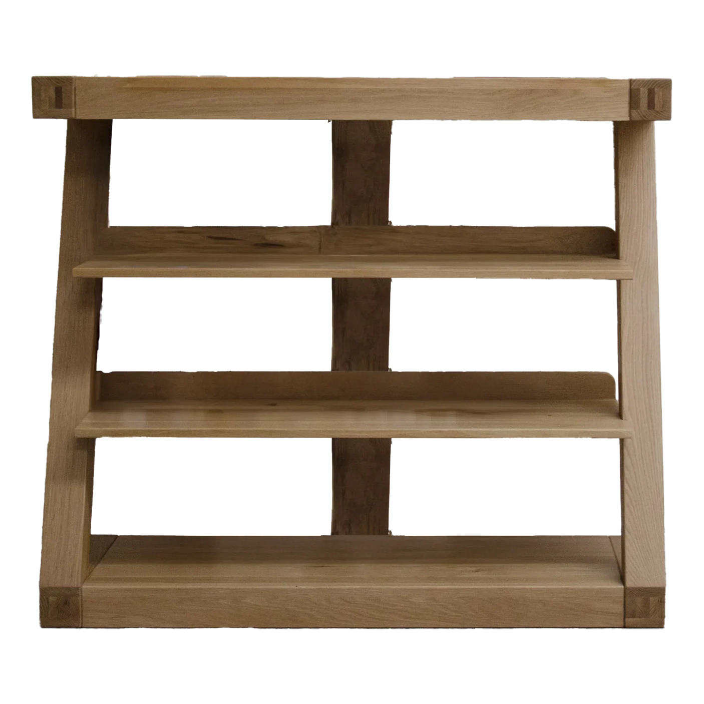 Oak bookcase with open shelves and natural wood finish, front view