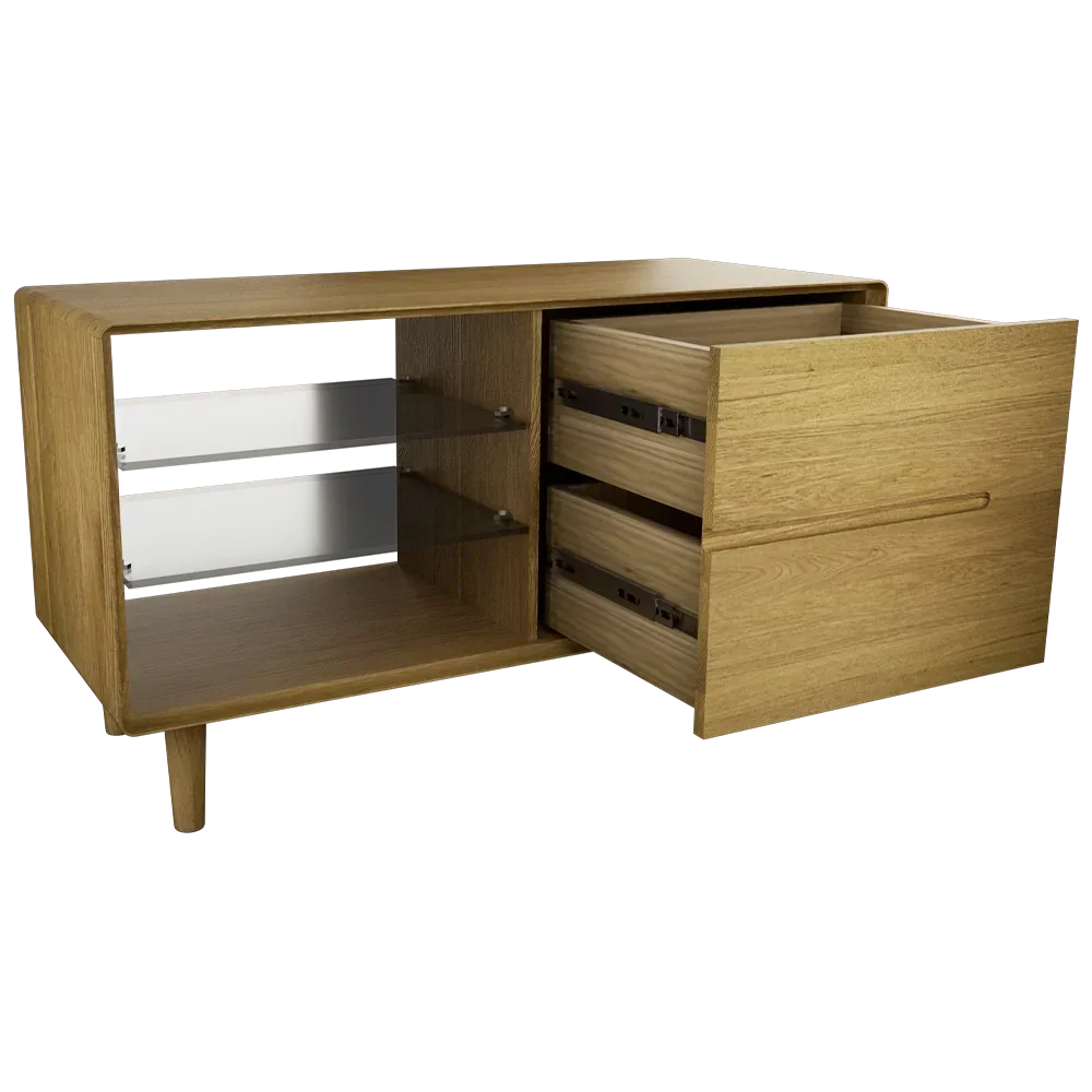 Oak sideboard with two open drawers and glass shelf inside cabinet